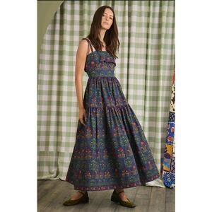 Hunter Bell Midnight Garden Midi Dress Size 8 Blue Floral Tiered Tie Strap